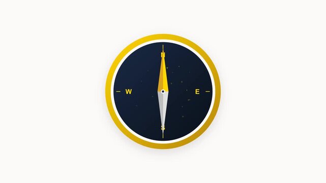 A high-resolution 2D flat vector compass illustration featuring a golden outer ring and navy face. The needle spins rapidly before settling at north with a realistic overshoot animation.