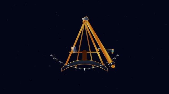 A detailed skeletal brass sextant performing a precise measurement sweep. Features a polished frame, glass mirrors, and a glowing graduated arc against a deep navy star-filled sky in a 5-second loop.