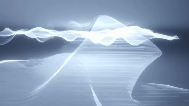 Flowing light waves undulate through a dark blue-gray abstract space. Technology presentation, digital product introduction, and corporate title sequence.