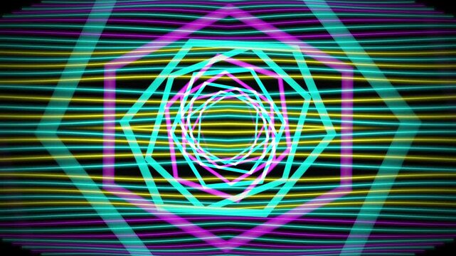 Abstract neon triangle warp tunnel with seamless geometric grid animation, Futuristic cyan magenta yellow wireframe triangular pattern background with looping digital technology design