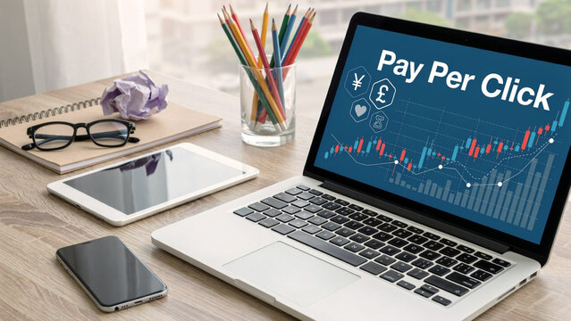 Laptop displaying pay per click analytics with charts and currency symbols on a wooden desk with office supplies