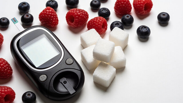 Blood Glucose Meter with Sugar Cube Raspberry and Blueberry on White Background