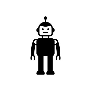 Flat black glyph icon of a simple standing humanoid robot with an antenna, representing artificial intelligence and robotics technology.