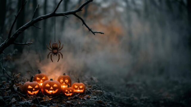 Halloween pumpkins and a dangling spider create a spooky forest scene with glowing carved faces and eerie seasonal decoration.