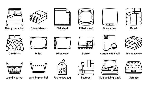 Bed Linen Bedding Bedroom and Home Textile Thin Line Icon Set
