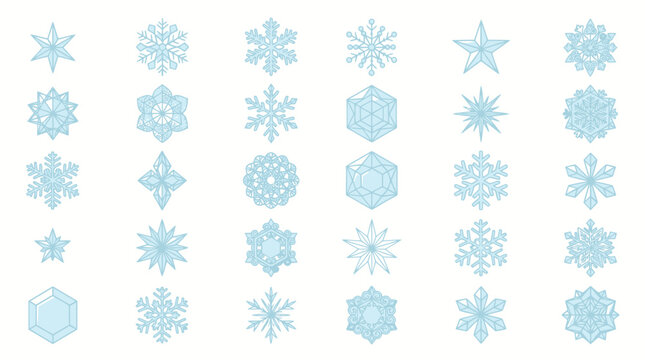 Light blue snowflake icons set, 30 winter ice crystal vector elements, geometric frozen snow shapes for Christmas holiday design and seasonal branding