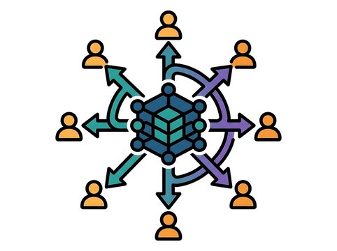 Centralized data hub icon with arrows connecting to multiple user nodes