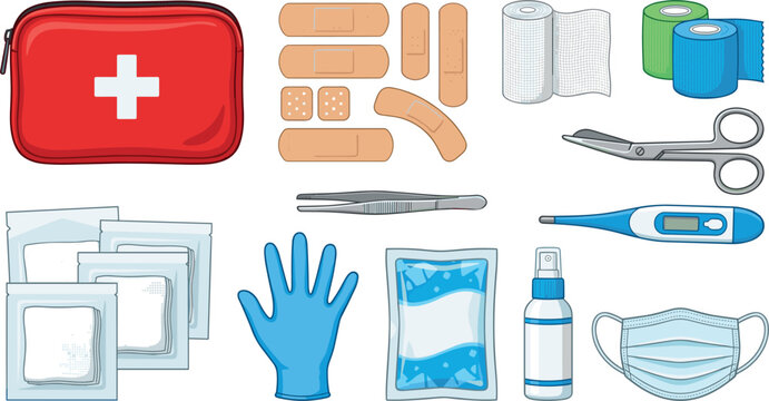  First Aid Kit and Medical Emergency Equipment Vector Set Featuring Bandages Gauze Scissors Thermometer Mask and Tweezers for Healthcare Graphic Designs