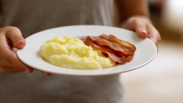 Hands present white dinner plate with creamy mashed potatoes and crisp bacon strips, holding meal steady at chest level against softly blurred warm indoor background in close view