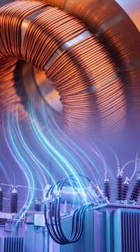 Close-up of heavy-gauge braided copper cables and a coiled inductor component with energy flow visualizations. Vertically oriented