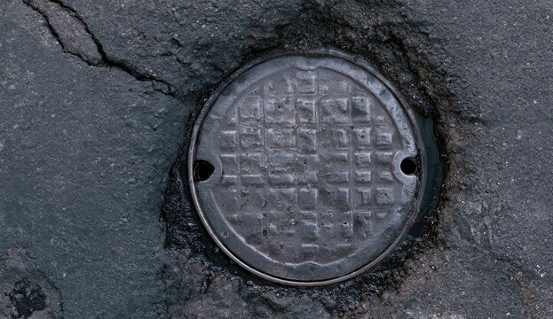 Circular metal access cover embedded in cracked, dark, weathered pavement