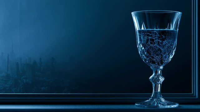 A gothic glass goblet with eerie etched details stands before a haunted castle silhouette, creating a dark Halloween fantasy scene.