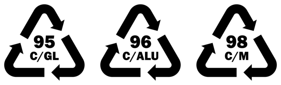 Recycling, material, identification, codes and symbols including 95 C/GL, 96 C/ALU and 98 C/M for glass, aluminium and metal packaging classification, waste sorting and recycling. Vector illustration