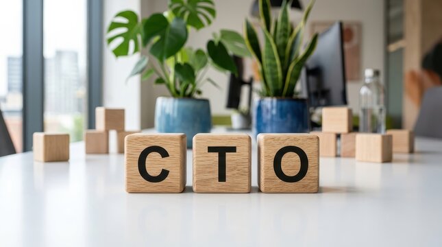 Chief Technology Officer CTO Concept with Wooden Blocks on a White Desk in a Bright Contemporary Workspace