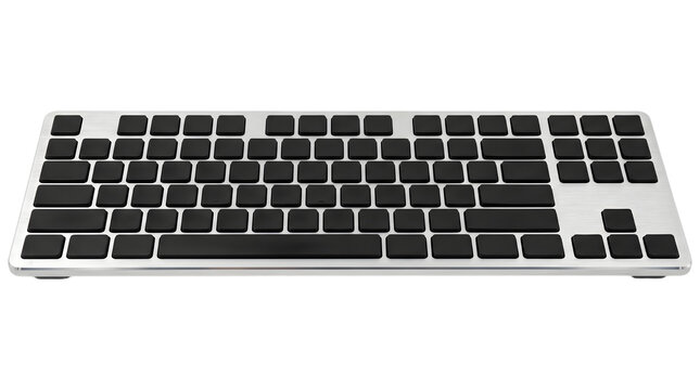 Mechanical keyboard photo, modern minimalist computer peripheral with blank black keycaps on a silver brushed aluminum chassis, top-down studio view