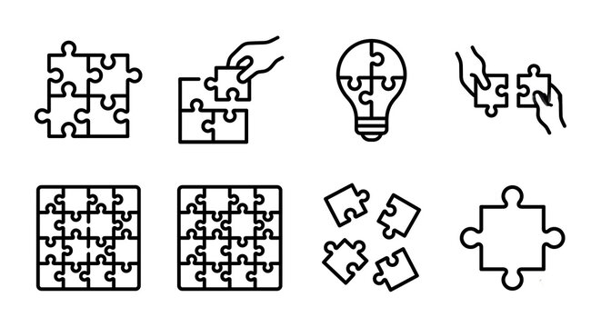Puzzle and teamwork icon set. Thin line editable stroke icons for solution finding, collaboration, integration, ideas, innovation. Concept of icons. 
