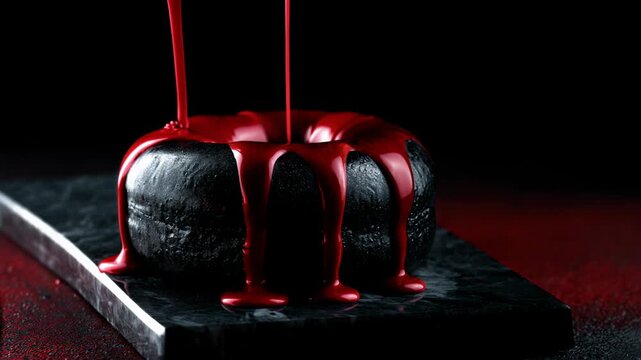 Red glaze pouring over black donut on dark marble board. Halloween spooky dessert with blood dripping icing. Horror food concept for scary party treat
