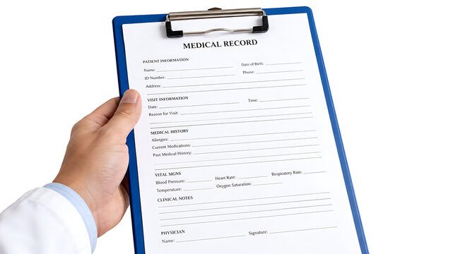 Hand Holding Medical Record Clipboard Form for Patient Information and Clinical Notes