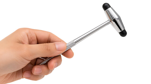 Hand holding a chrome reflex hammer isolated on white background