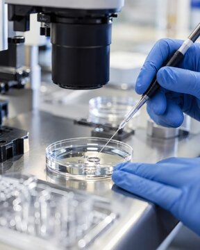 Gloved Hands Performing ICSI Microinjection on Egg Cell in IVF Laboratory