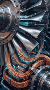 High-tech turbine engine rotor with shiny steel blades and bright copper wire windings