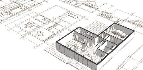 Fototapeta premium 3D illustration of a house plan with an attic
