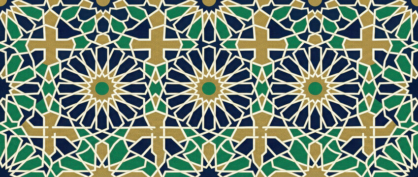 Geometric islamic ornament seamless pattern with blue green and gold stars generated using ai