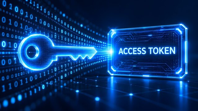 Digital access token authentication concept with glowing cryptographic key unlocking secure binary data environment
