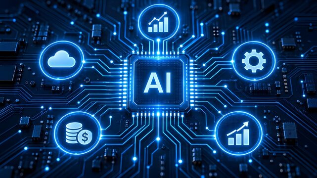 Artificial intelligence central microchip processing cloud computing financial data and business analytics algorithms