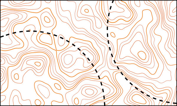 Topographic map vector background featuring contour lines and dashed black boundary path for geography navigation design