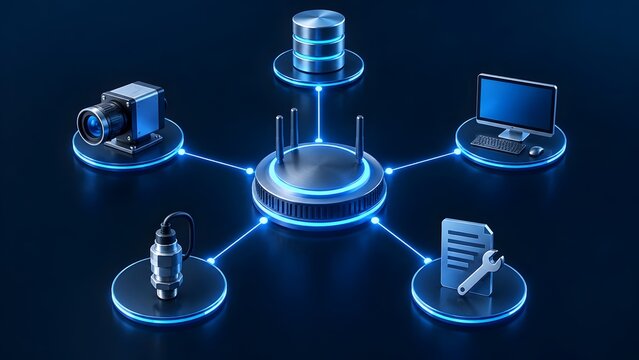 Industrial IoT network hub connecting camera sensor database and workstation devices