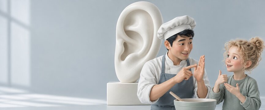 A chef makes hand gestures beside a smiling child at a kitchen counter. A large white ear sculpture stands behind them. Hearing awareness and inclusive communication education for children.