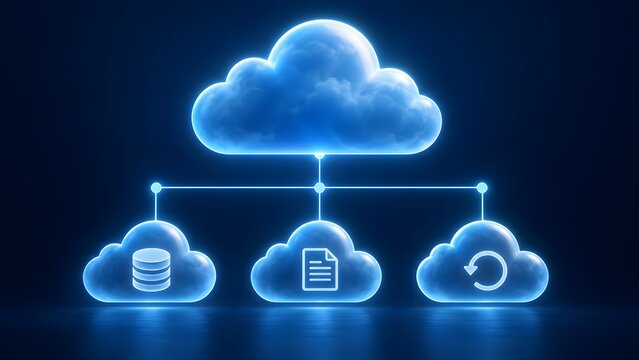 Cloud computing architecture diagram connecting central network hub to database document and synchronization services