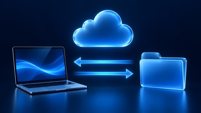 Laptop computer syncing local digital folders directly with glowing cloud storage network
