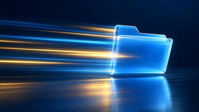High speed digital data transfer depicted by a glowing blue folder moving rapidly through cyberspace