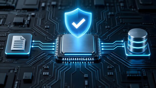 Circuit board microchip with glowing security shield icon connecting document and database cylinder for hardware encryption protection system