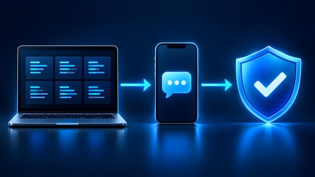 Multi factor authentication flow from laptop and mobile phone to secure shield icon showing protected messaging system