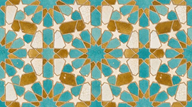 Seamless traditional Islamic geometric mosaic tile pattern with turquoise, gold, and white zellige ornament