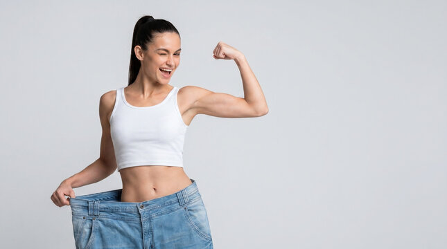 Happy Woman Showing Oversized Jeans After Weight Loss, Body Transformation, Slim Waist, Fitness Success and Healthy Lifestyle 