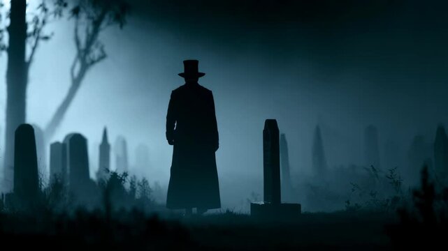 Mysterious man in top hat and long coat standing among gravestones in foggy night cemetery. Dark silhouette horror scene. Halloween and gothic mystery concept.