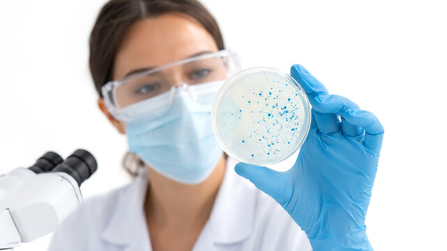 Masked scientist examining petri dish under microscope in bright laboratory setting