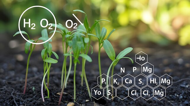 Young soybean sprouts growing in soil with scientific chemical formulas H2O2 O2 and elemental symbols N P K Mg Ca S Cl