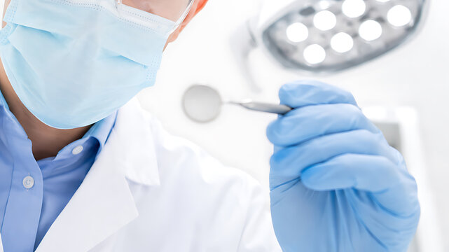 Dentist wearing mask and gloves examining patient with dental mirror in bright clinic