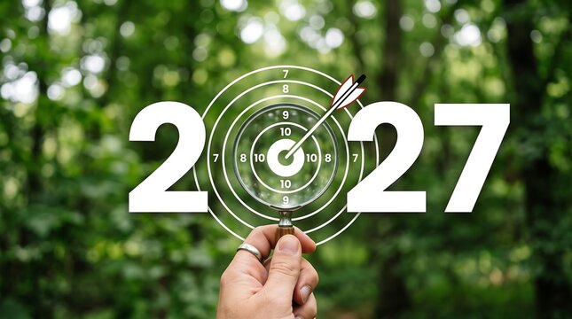 New year two thousand twenty seven concept with a dartboard and hand holding the target