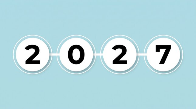 Numbers two zero two seven in white circles on a light blue background representing the year 2027