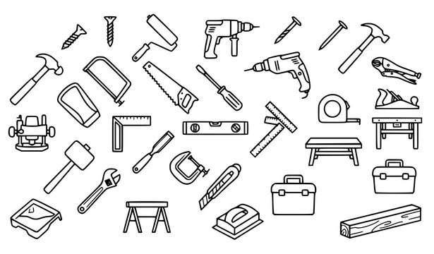 Carpentry and Woodworking Tools Line Icon Set with Hammer Saw Drill Wrench Screw and Toolbox Vector Illustration