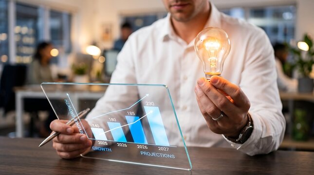 Man holding a digital tablet displaying revenue growth projections with a glowing lightbulb concept