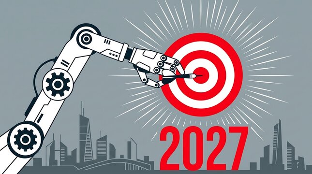 Robotic arm aiming at a target with gears and a futuristic cityscape background illustration