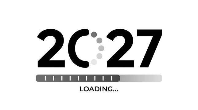 Bold two thousand and twenty seven year graphic with loading bar and heart shape on white background