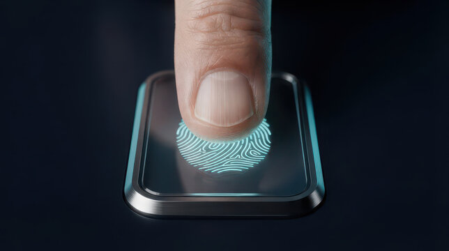 Fingerprint scanner cybersecurity data protection concept with human finger touching biometric sensor for secure digital identity verification and access control
